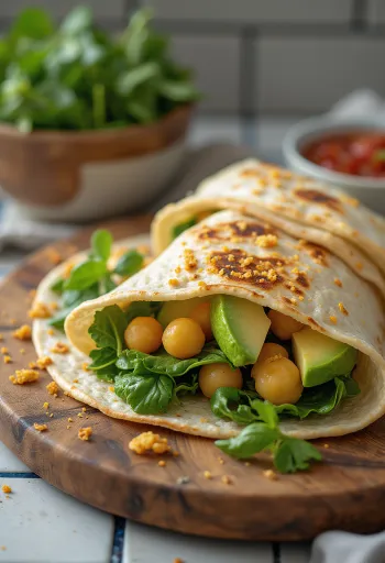 Wrap cu spanac și năut, servit cu avocado și legume proaspete