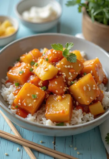 Tofu prăjit cu sos dulce-acrișor, ardei și ananas