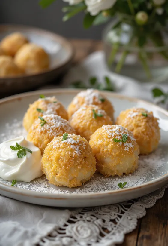 Gomboți cu brânză moi cu smântână dulce și presărați cu pesmet prăjit.