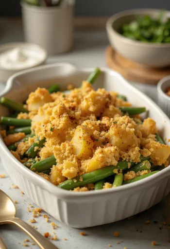 Fasole verde stratificată vegană cu cartofi servită