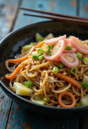 Yakisoba cu legume, tăiței prăjiți serviți cu legume colorate