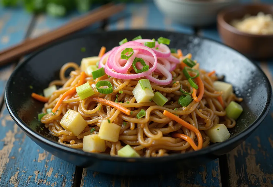 Yakisoba cu legume, tăiței prăjiți serviți cu legume colorate