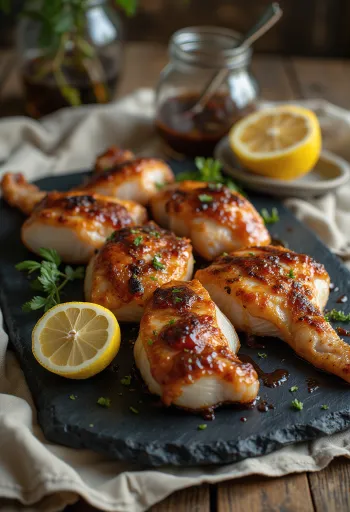 Șarpe cu clopoței la grătar servit pe platou de lemn cu sos barbecue.