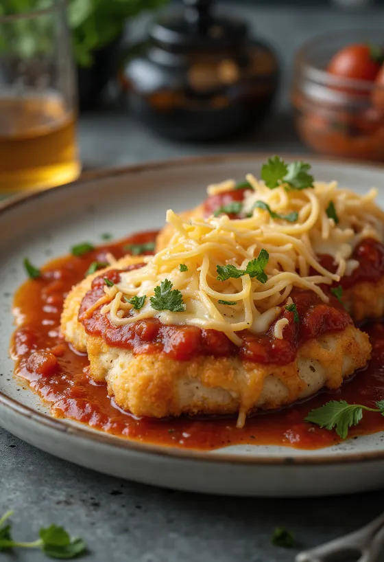 Chicken parmigiana servit cu paste și busuioc proaspăt