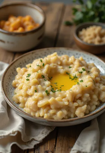 Harees cu pui decorat cu coriandru proaspăt servit în farfurie