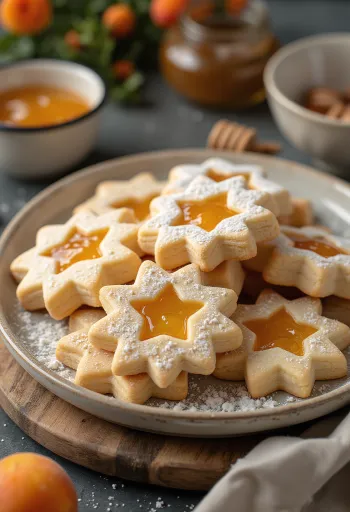 Linzer cu miere pudrat cu zahăr, umplut cu gem