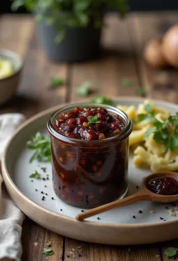Chutney de ceapă, decorat cu coriandru proaspăt, sos de ceapă condimentat