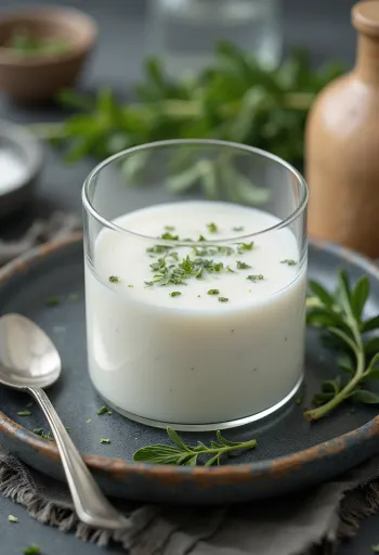 Sticlă cu kefir și frunze proaspete de tarhon plutind în interior