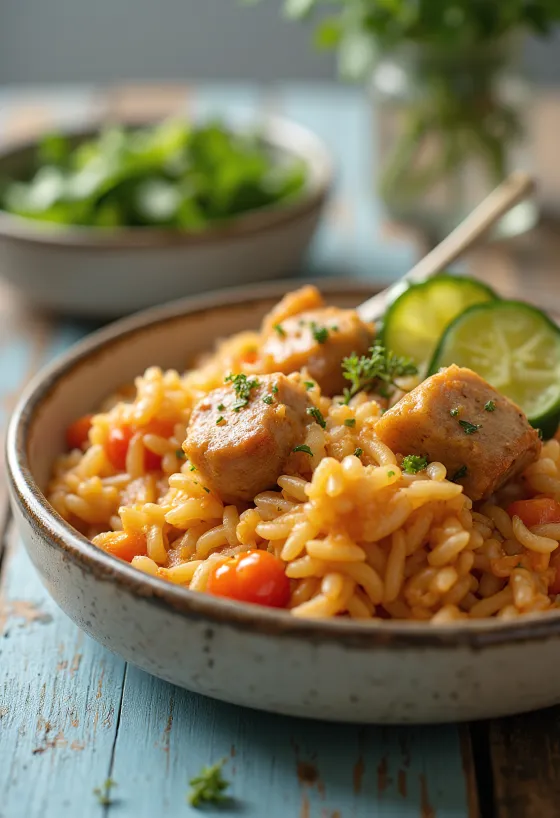 Carne cu orez cu carne de porc suculentă și legume, preparată bogat.