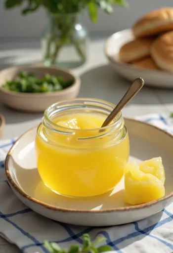 Ghee cu rozmarin, culoare galben-aurie, cu rozmarin proaspăt