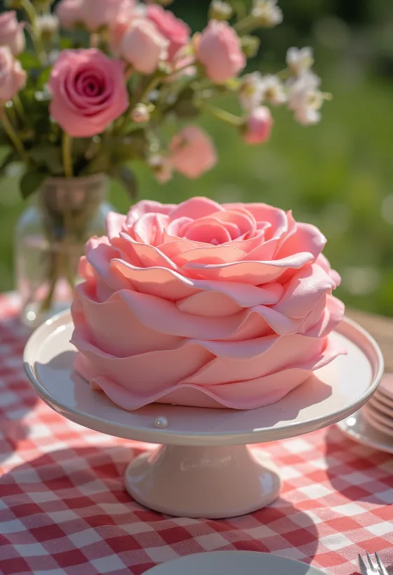 Tort în formă de trandafir cu decor din fondant roz și verde