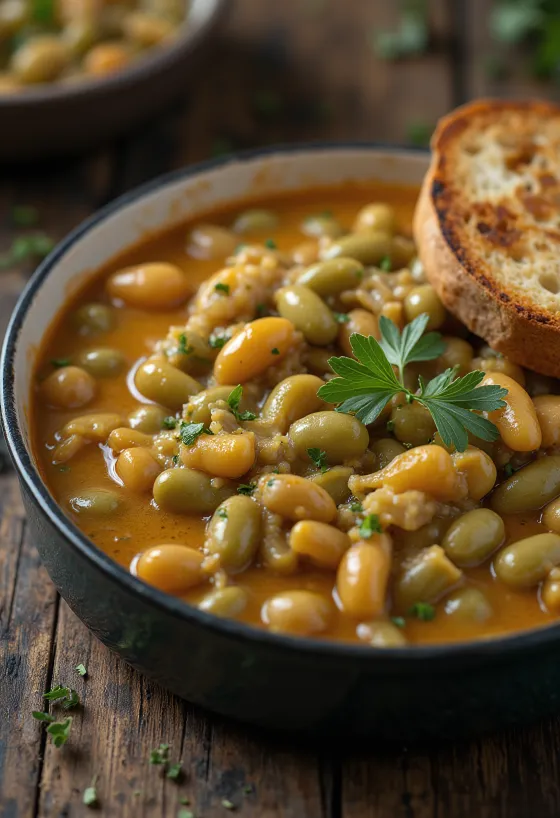 Mâncare de fasole verde în sos dens de smântână, presărată cu mărar proaspăt