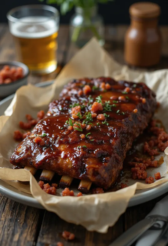 Coaste de porc BBQ servite cu garnitură proaspătă