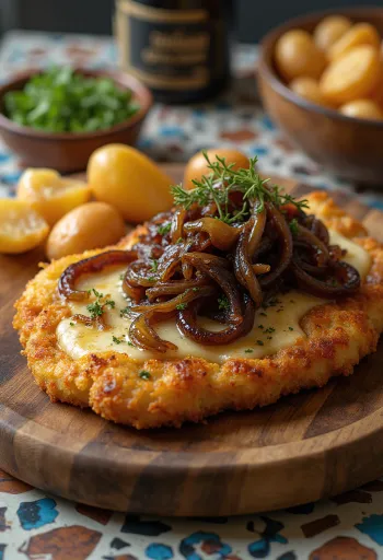 Cachopo cu ceapă caramelizată pe farfurie, tăiat în două