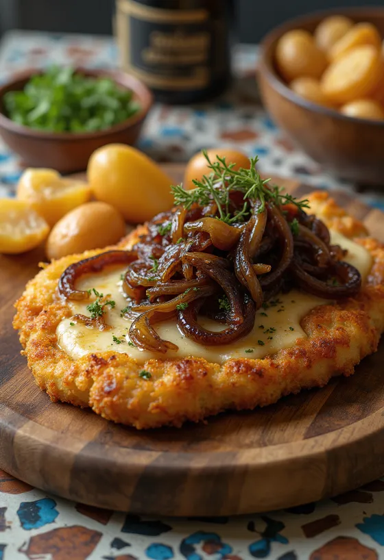 Cachopo cu ceapă caramelizată pe farfurie, tăiat în două