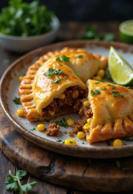 Cornish pasty în stil mexican, servit cu coriandru proaspăt și zeamă de lime