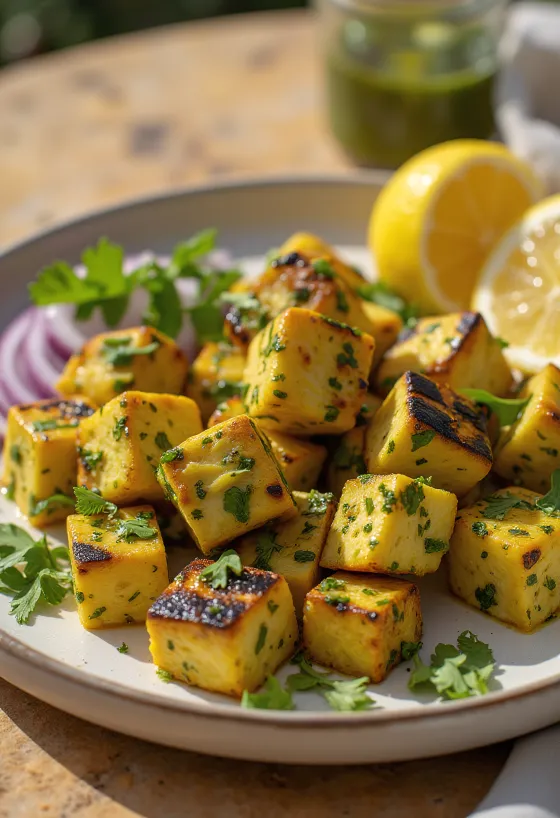 Hariyali Paneer Tikka paneer prăjit cu ierburi verzi servit cu coriandru și lămâie