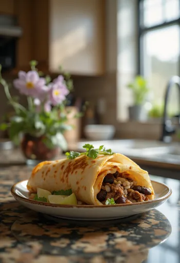 Burrito cu vită, orez, fasole neagră și brânză cheddar