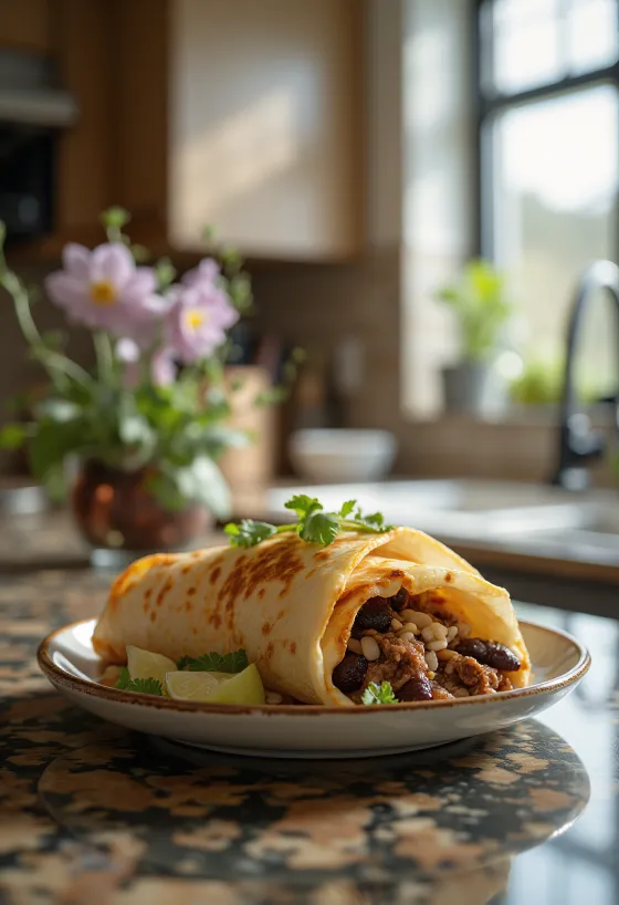 Burrito cu vită, orez, fasole neagră și brânză cheddar