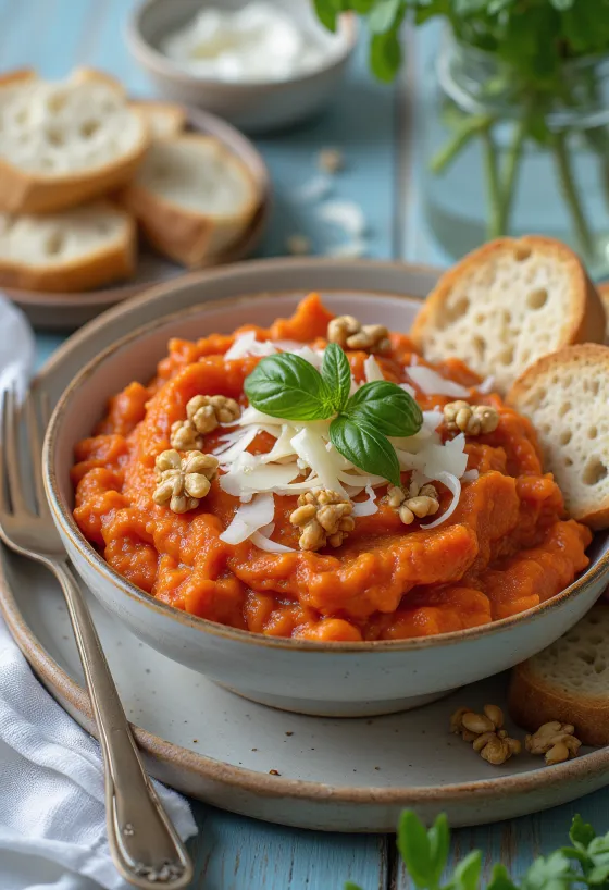 Pesto cu ardei copt și brânză afumată, servit