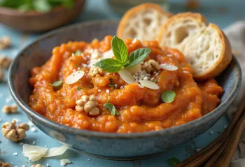Pesto cu ardei copt și brânză afumată, servit