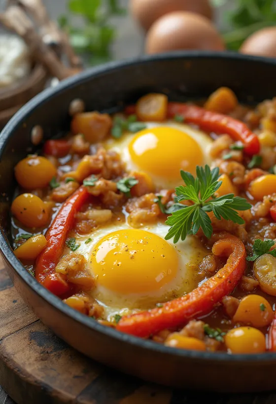 Ratatouille cu legume coapte colorate, ornat cu ierburi proaspete