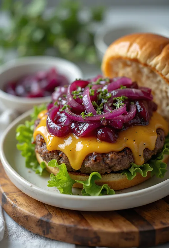 Burger cu Rozmarin și Ceapă Roșie servit