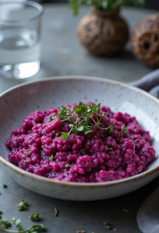Risotto vegan cu sfeclă roșie servit