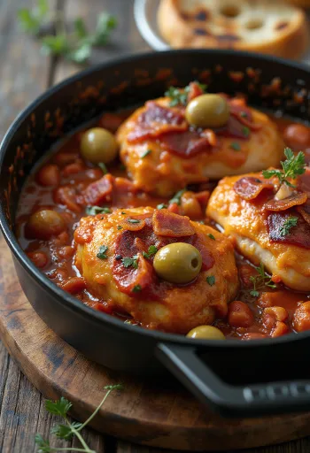 Cacciatore cu slănină, servit cu pulpe de pui și roșii