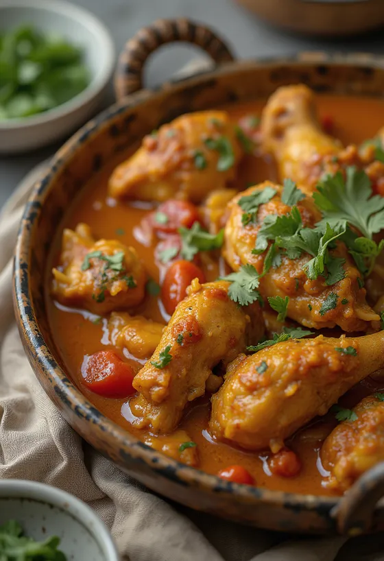 Curry de pui Balti servit cu pâine naan și orez basmati.