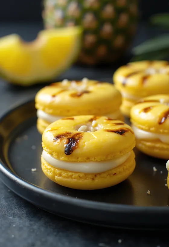 Macarons cu ananas la grătar și ciocolată albă serviți