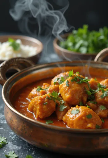 Tocăniță de pui Tandoori servită cu coriandru și pâine naan