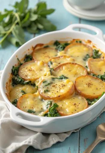 Musaca de cartofi cu spanac vegană servită