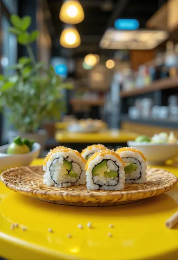 Sushi vegan cu alge Nori, decorat cu avocado și semințe de susan