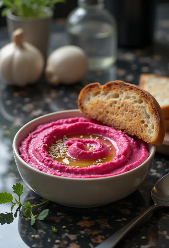 Hummus de sfeclă servit cu pâine prăjită
