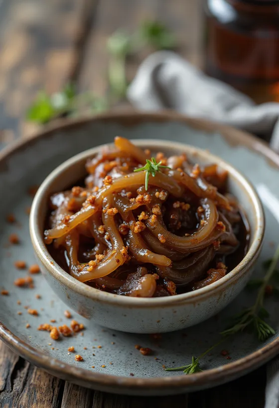 Sos de ceapă caramelizată cu chili într-un bol, decorat cu chili proaspăt