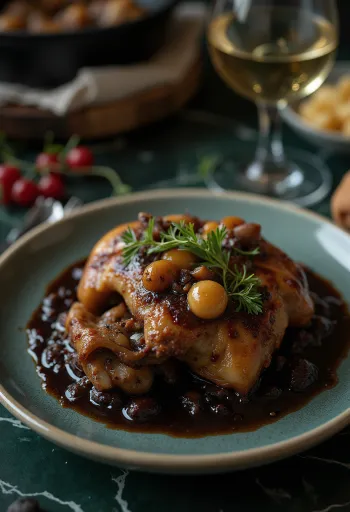 Coq au Vin servit cu pătrunjel proaspăt și pâine crocantă