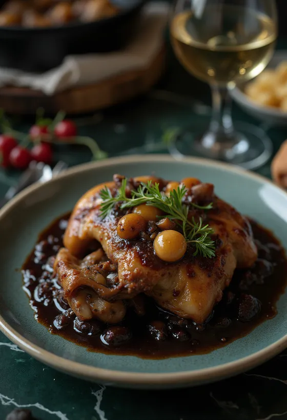 Coq au Vin servit cu pătrunjel proaspăt și pâine crocantă
