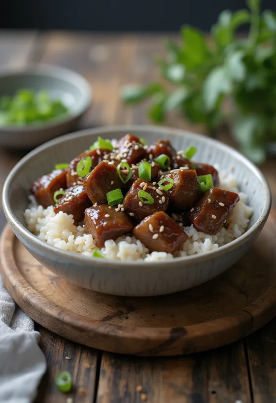 Bol de orez cu carne de vită Galbi, semințe de susan și ceapă verde