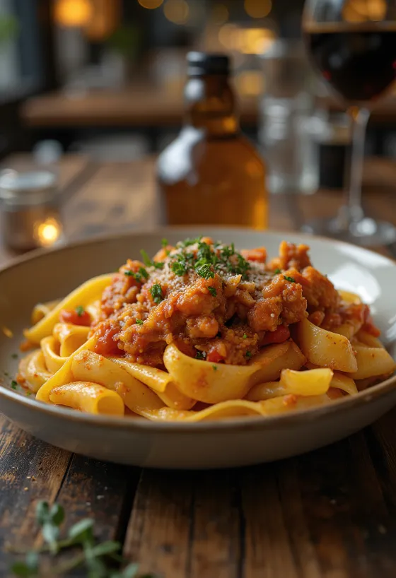 Ragu de iepure servit cu paste pappardelle și ornat cu rozmarin proaspăt