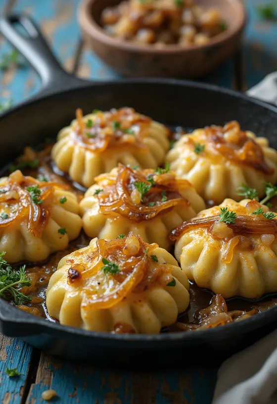 Dödölle crocante servite cu smântână și ceapă prăjită