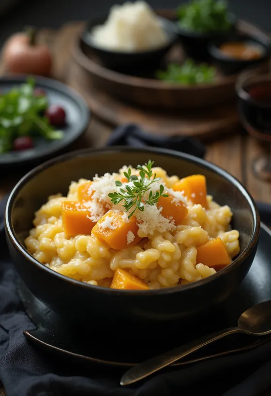 Risotto cu dovleac Hokkaido servit cu pătrunjel proaspăt