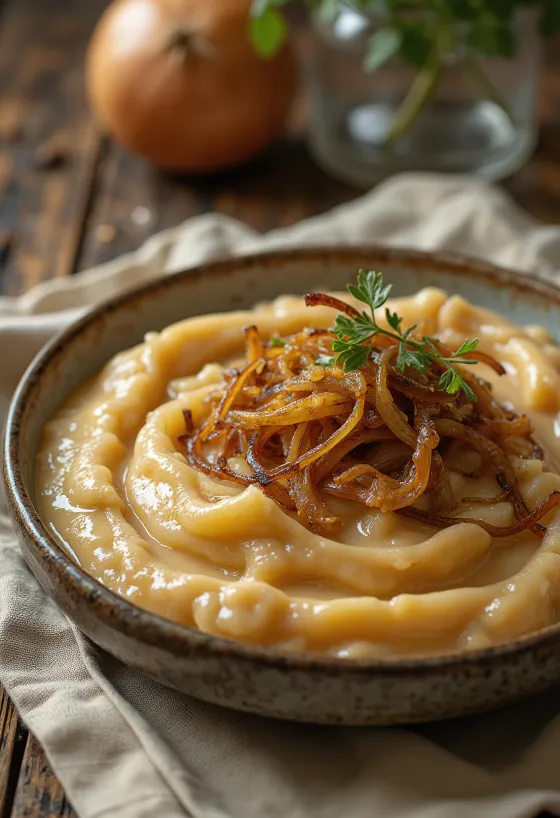 Sos de ceapă caramelizată servit cu pâine proaspătă