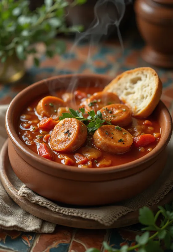 Lecso cu cârnați servit cu ardei proaspăt, roșii și cârnați afumați