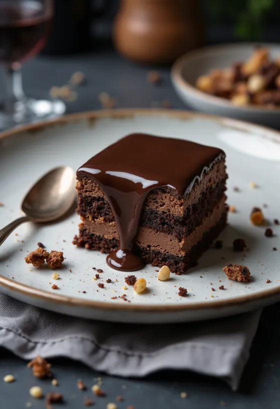 Felie de prăjitură cu ciocolată Rigó Jancsi pe farfurie albă