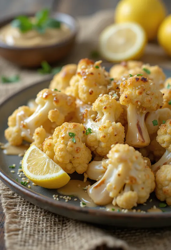 Salată de conopidă coaptă cu dressing de tahini, servită cu pătrunjel proaspăt și semințe de susan prăjite.