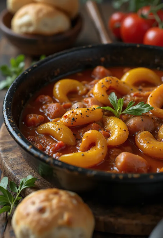 Bol cu Callos cu usturoi, cu sos roșu dens și bucăți de carne