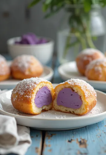 Malasada cu cremă de taro, bile crocante umplute cu cremă bogată de taro