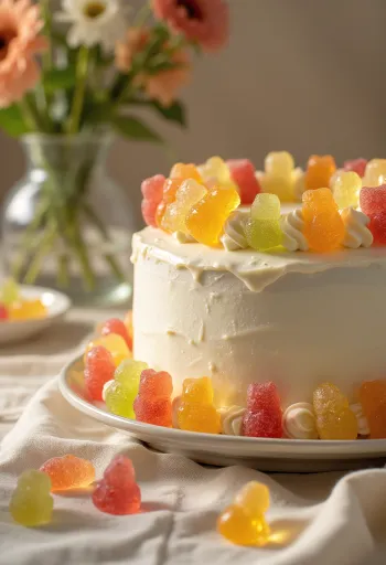 Tort colorat cu jeleuri, înveliș de fondant alb și decor de jeleuri