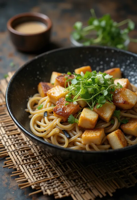Zaru soba cu tofu, legume proaspete și semințe de dovleac prăjite